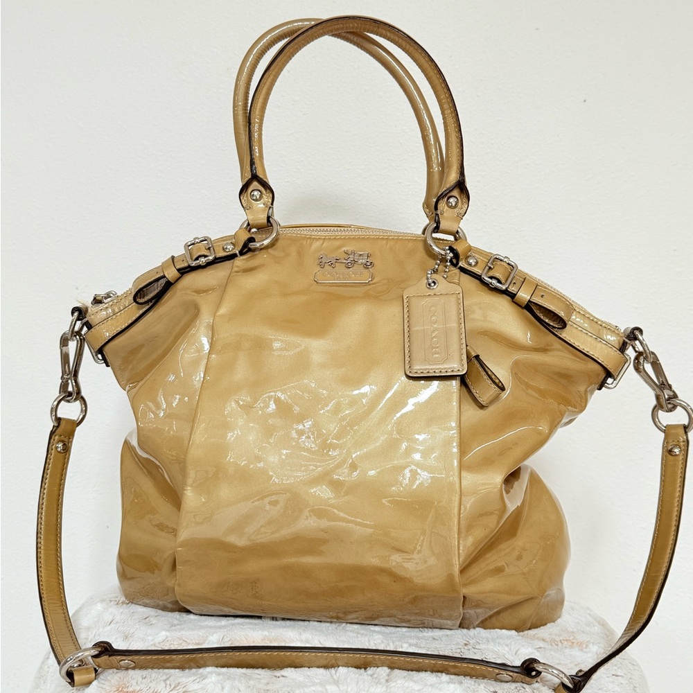 Coach 1941 Patent Leather Top Handle Bag Khaki Color
